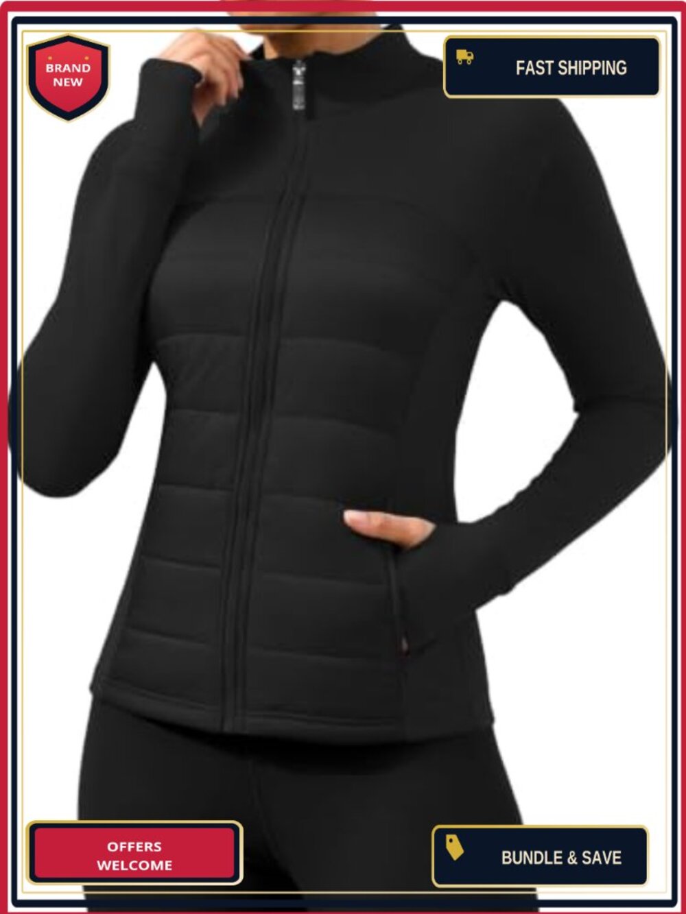 Quilted Fleece-Lined Puffer Running Jacket Zip Pockets
